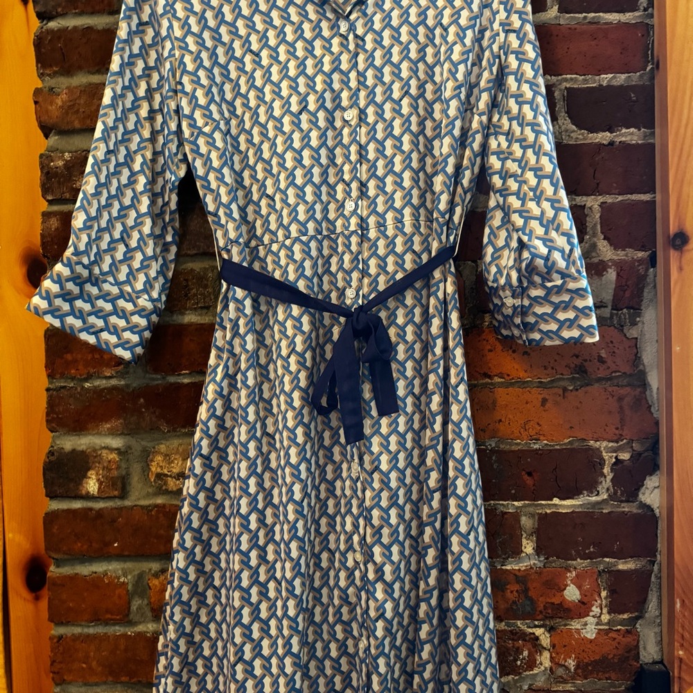 MARELLA Blue and White Geometric Long Sleeve Dress - Picture 11 of 14